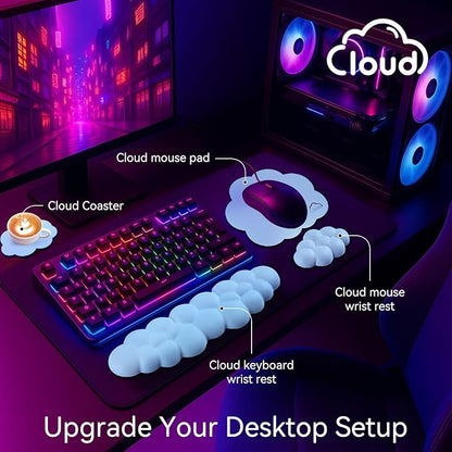 Cloud Wrist Rest for Computer Keyboard, 4-in-1 Memory Foam Leather Cloud Keyboard Wrist Rest and Mouse Pad Set with Ergonomic Support for Arm and Palm Cushion, Gaming/Work Setup, Blue