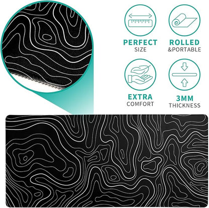 Topographic Contour Black Gaming Mouse Pad XL Geographic Map Lines Extended Big Large Desk Mat Non-Slip Rubber Base Stitched Edge Long Keyboard Mousepad for PC Computer Laptop,31.5x11.8 Inch