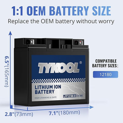 TYKOOL 12180-G LiFePO4 Powersports Battery, 360CCA,8Ah,Built in BMS,Compatible with generator battery