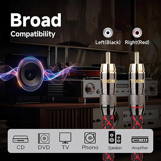 TODN HiFi 4-Core-OFC RCA Cables Audiophile 5ft with Shielded for Home Audio