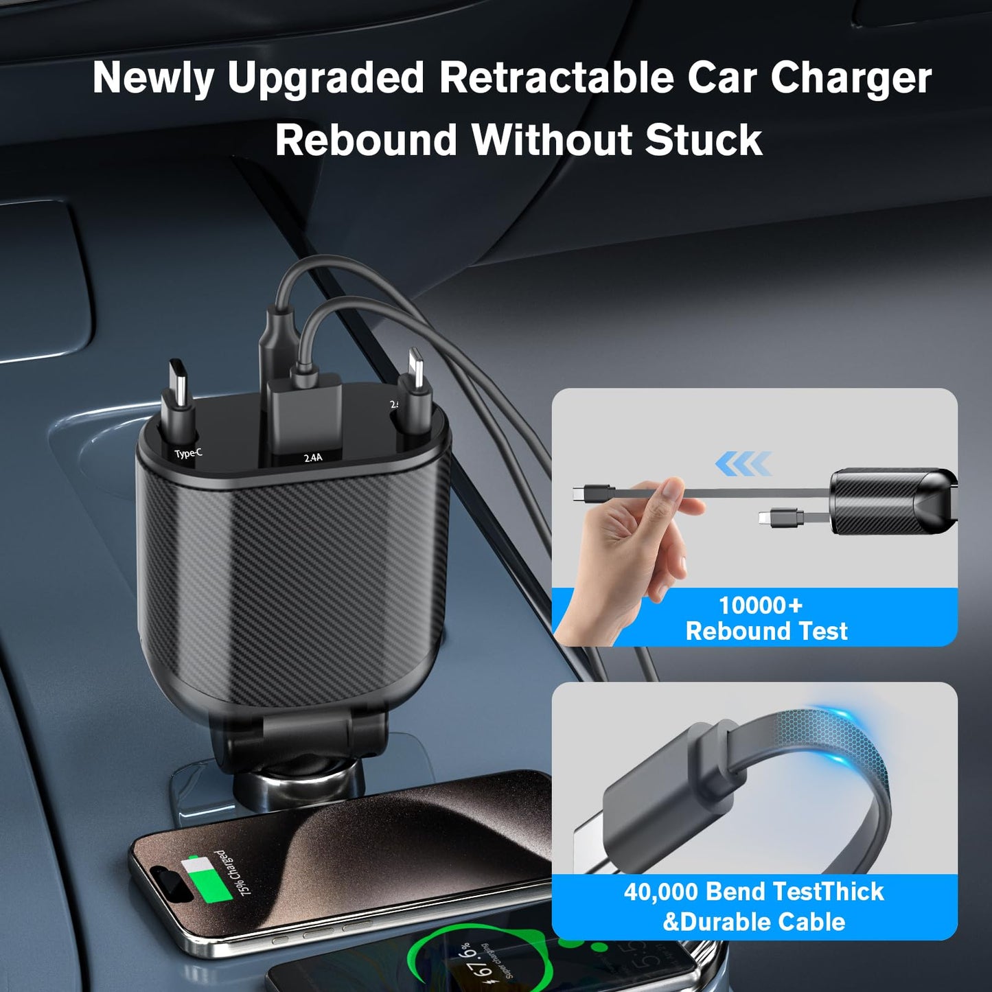 MAGJIEYX Retractable Car Charger, Fast Charging Adapter 62W Type-C/USB-i Cables and USB C/USB A QC & PD Ports for iPhone 17/16/15/14/13/12Pro Max Plus,iPad,AirPods, Galaxy