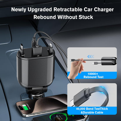 MAGJIEYX Retractable Car Charger, Fast Charging Adapter 62W Type-C/USB-i Cables and USB C/USB A QC & PD Ports for iPhone 17/16/15/14/13/12Pro Max Plus,iPad,AirPods, Galaxy