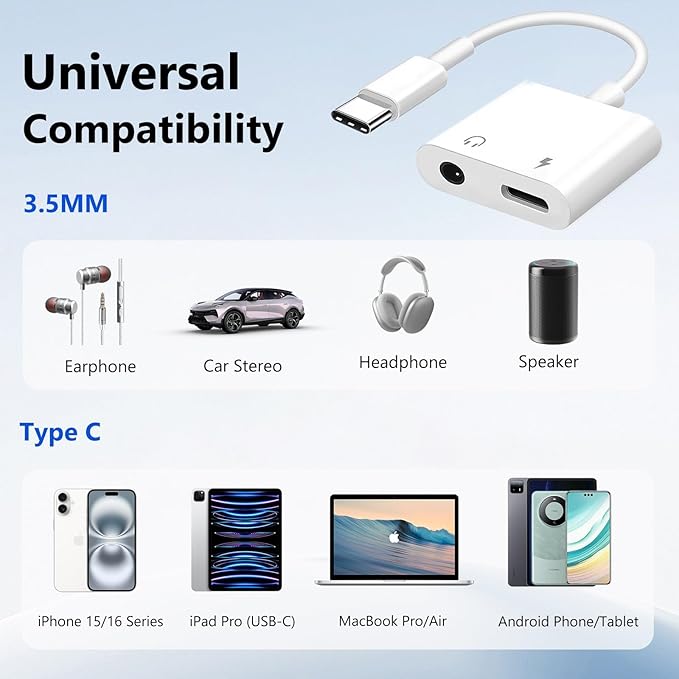 Seulliya USB C to 3.5mm Headphone Jack and Charger Adapter, 2-in-1 Audio & Fast Charging Splitter for Apple iPhone 17/16/15/Pro/Pro Max, iPad, Samsung, Pixel, and More 2Pack