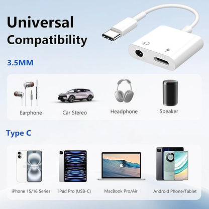 Seulliya USB C to 3.5mm Headphone Jack and Charger Adapter, 2-in-1 Audio & Fast Charging Splitter for Apple iPhone 17/16/15/Pro/Pro Max, iPad, Samsung, Pixel, and More 2Pack