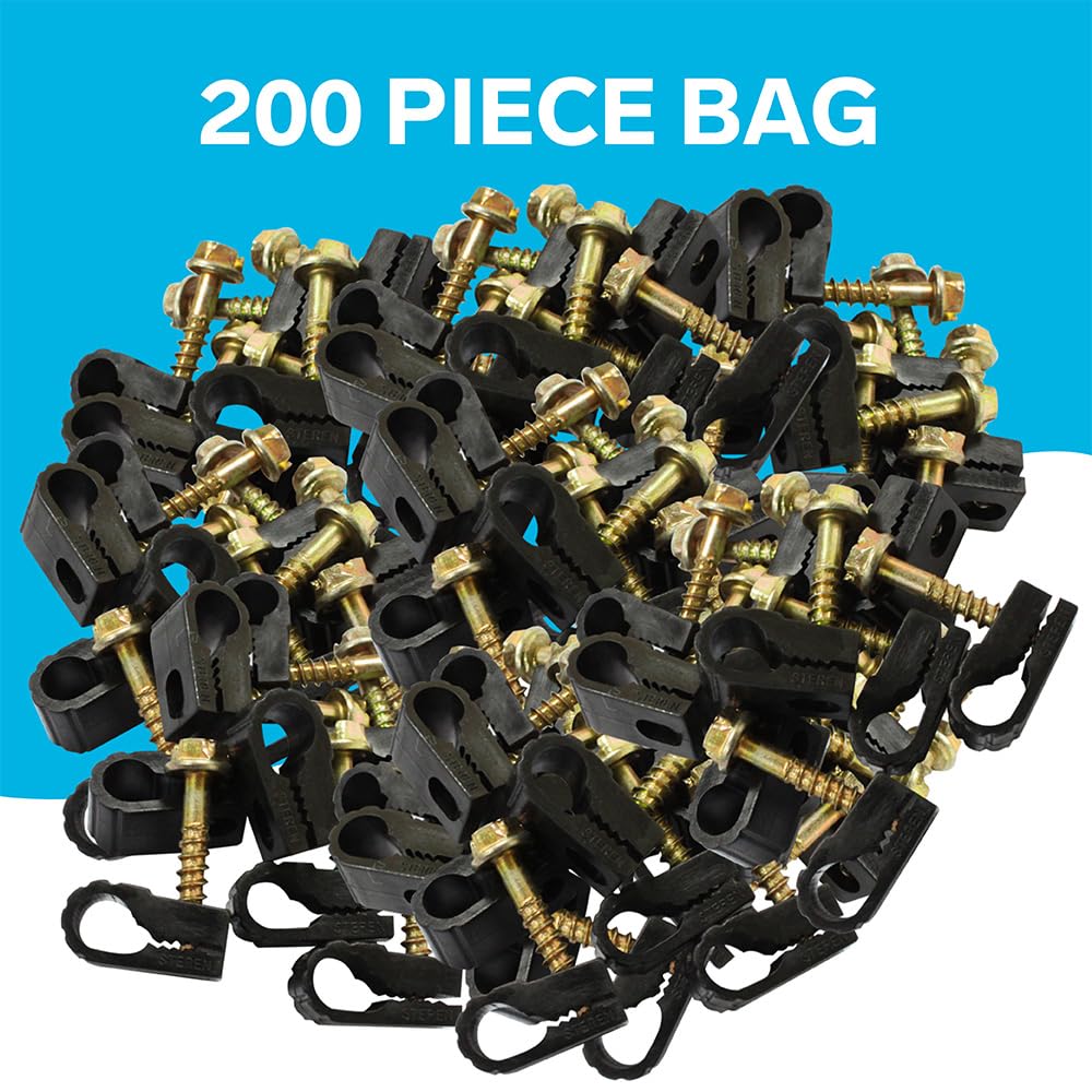 STEREN Coaxial Cable Clips - Cable Holder - Siding Clips for Hanging - Cord Holder for Desk - Cable Clamps - Cord Clip - Wire Organizer Clips - Tv Mount Screws (Black, 200 Count - Single Screw)