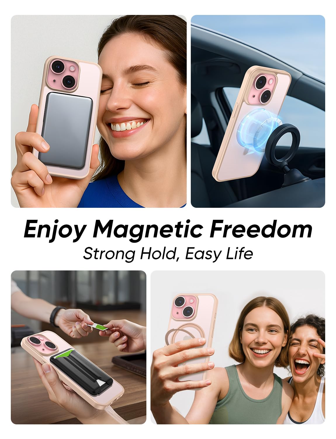 MAGIC JOHN for iPhone 15 Case 360° Rotatable Magnetic Invisible Stand, Fit for MagSafe 15 Phone Case, 16FT Military Grade Shockproof for iPhone Case with Kickstand, Rose Gold