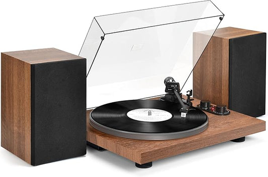 Udreamer Record Player Turntable with 40W Speakers and Bluetooth Output Input for Vinyl Records,Vinyl Record Player with Built-in Preamp,AT-3600L Cartridge,USB Record,Pitch and Counterweight, Brown