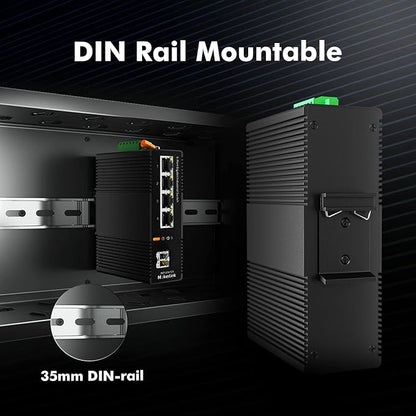 MokerLink 5 Port Industrial DIN-Rail Network Switch, 4 Gigabit Ethernet, 1 SFP, 14Gbps Switching Capacity, IP40 Rated (-40 to 185F), With UL Power Supply