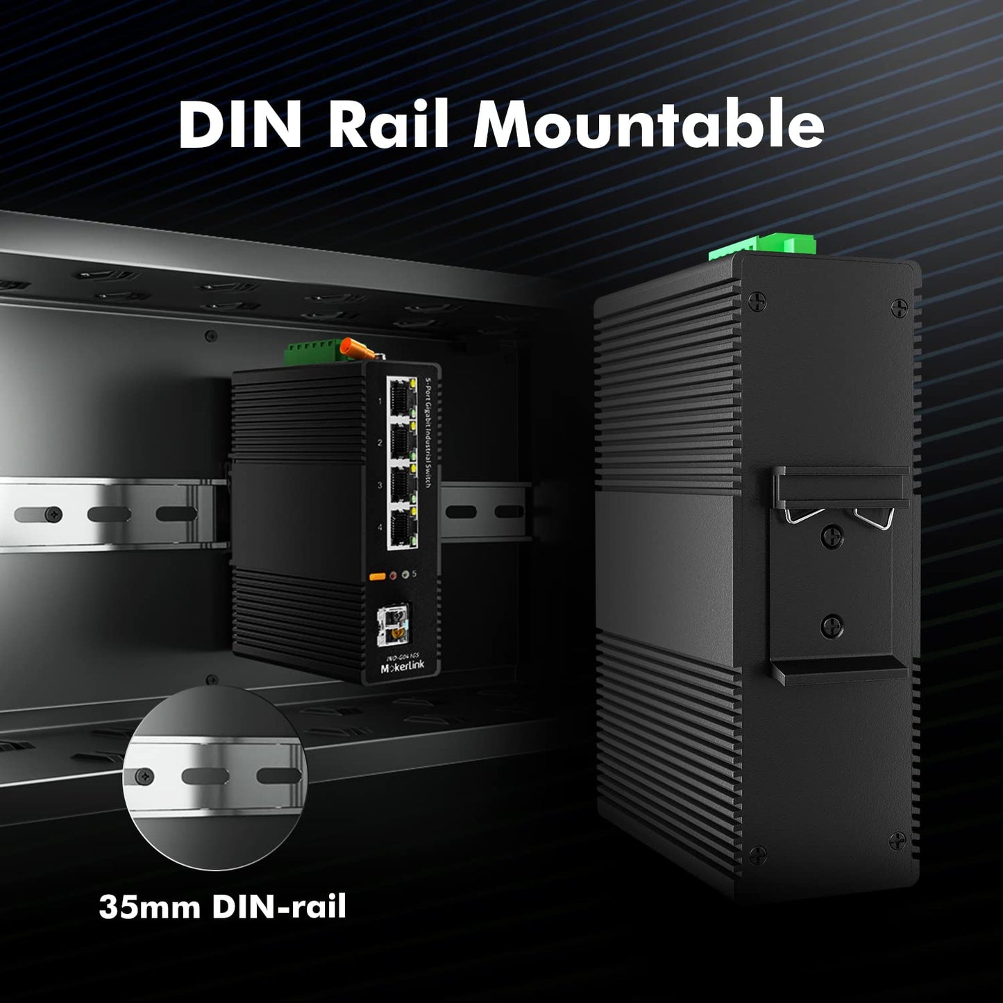 MokerLink 5 Port Industrial DIN-Rail Network Switch, 4 Gigabit Ethernet, 1 SFP, 14Gbps Switching Capacity, IP40 Rated (-40 to 185F), With UL Power Supply