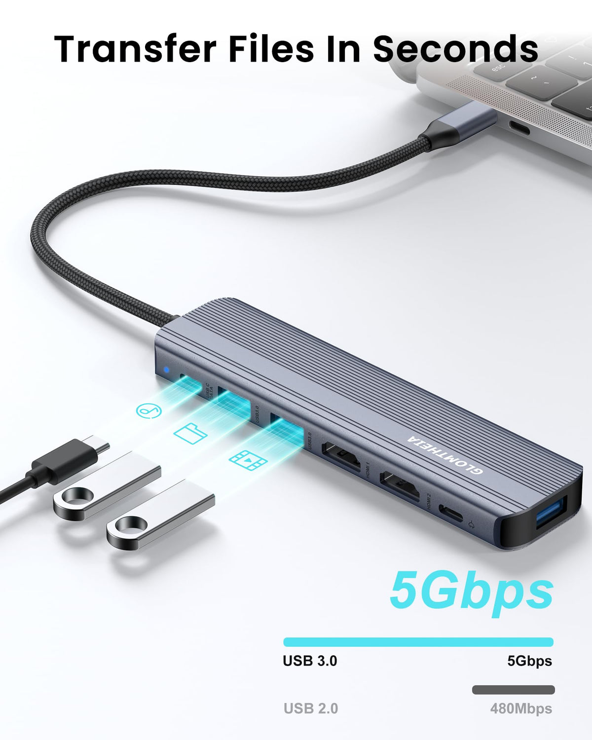 Glomtheia USB C Hub Docking Station Dual Monitor for Laptop, MacBook Air/Pro Dock Adapter Multiport Dongle with 2 HDMI Ports 4K 60Hz, 100W PD Charging, 3 USBA 3.0 & USBC