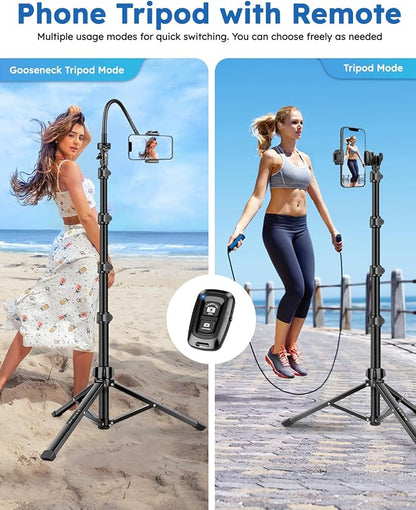 86" Tripod for iPhone, Stable & Tall Phone Tripod with Remote and Flexible Gooseneck for Video Recording/Watching/Cooking/Fitness/Vlogging
