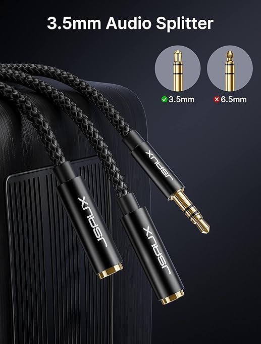 JSAUX Headphone Splitter 4ft, Audio Splitter 3.5mm Male TRS to 2 Dual 3.5mm Female Adapter Nylon-Braided for iPhone, Samsung, Tablets, Laptop, PlayStation and More [Black]