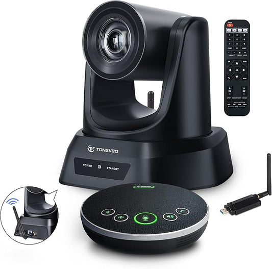 TONGVEO AI Wireless PTZ Camera System with Auto Tracking Built-in Receiver & Bluetooth Speakerphone, 5.8GHz 1080P 60fps Conference Camera with 3X Optical Zoom, for Church Zoom, OBS Meetings