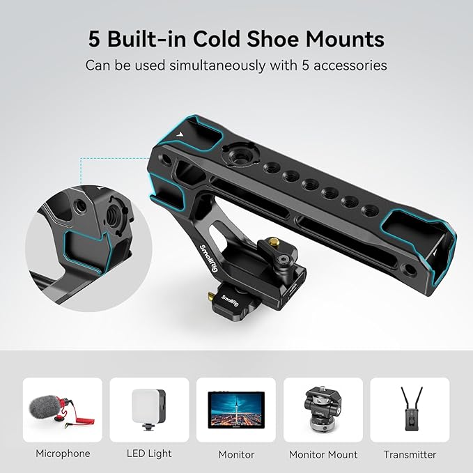 SMALLRIG Lightweight NATO Top Handle, Quick Release NATO Grip w/NATO Rail for DSLR Camera Cage, Universal Top Handle with 5 Cold Shoe Adapters - 4345 Black