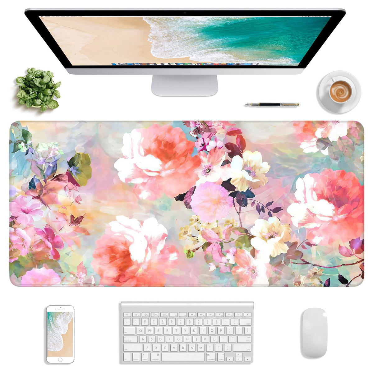 Atufsuat Extended Gaming Mouse Pad, XXL Large Desk Pad 30 x 14 Inch, Big Computer Keyboard Mousepad, Waterproof Mouse Mat with Stitched Edges and Non-Slip Base for Women Office Gaming, Sea Waves