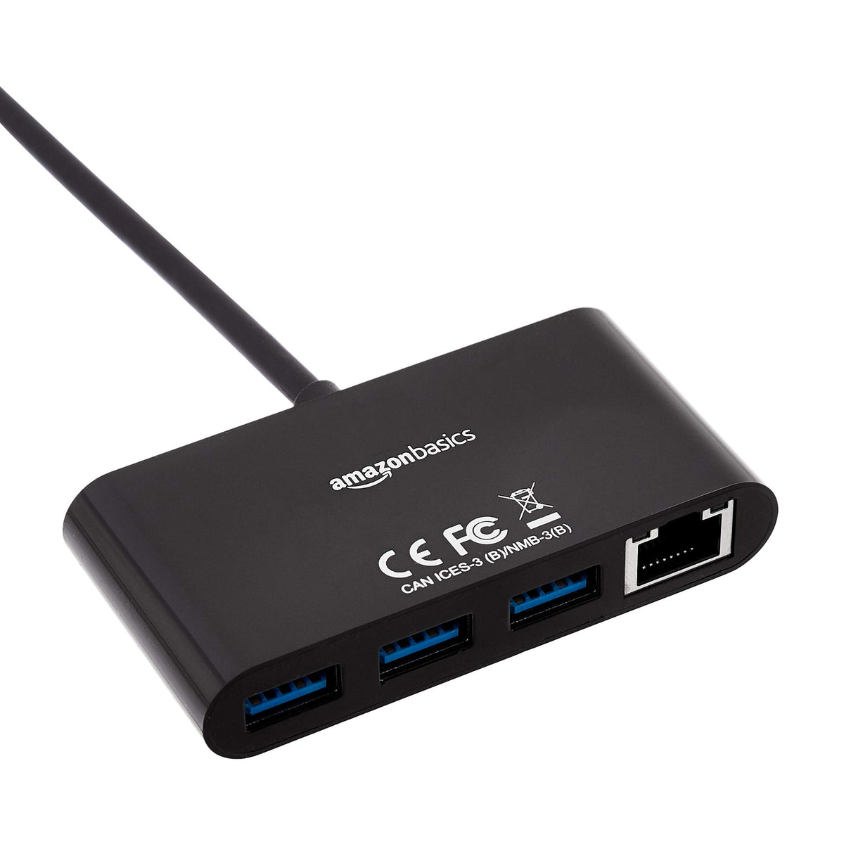 Amazon Basics 4-Port USB 3.0 Hub with 3 USB-A Ports & 1 RJ45 Gigabit Ethernet Port, High-Speed Network Adapter for Laptops, Black