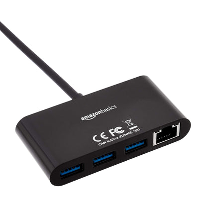 Amazon Basics 4-Port USB 3.0 Hub with 3 USB-A Ports & 1 RJ45 Gigabit Ethernet Port, High-Speed Network Adapter for Laptops, Black