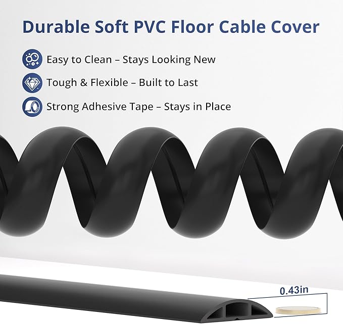 ZhiYo 3.6ft Cord Covers for Wires on Floor, Cord Hider Floor Hide Extension Cords, Soft PVC Cable Cover Cable Protector, Wire Cavity W0.62in H0.31in, Black