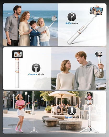 Selfie Stick Tripod for iPhone & Android, Portable Phone Tripod Stand with Bluetooth Remote, One-Click Open, Compact & Lightweight, All-in-1 for Vlog/Travel/Photography (White)