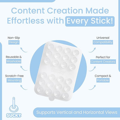 SUCKY Double Sided Suction Phone Octo Cup Buddy Mount - Anti-Slip Holder, Hands-Free Phone Accessory for iPhone and Android - Sticky Grip for Selfies, Videos - Clear