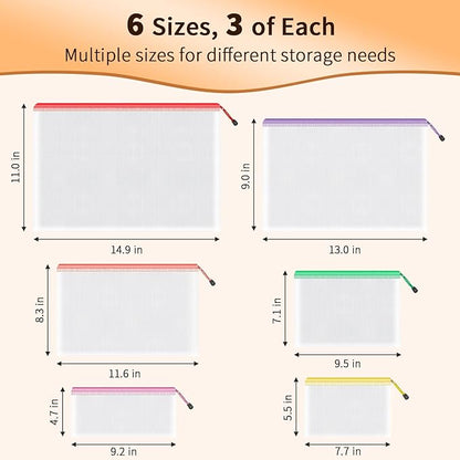 Umriox Zipper Mesh Document Pouch, 6 Assorted Size (6 Colors, 18 Packs), Clear Zipper Pouches, Waterproof Zipper Pouches for Craft Projects Office Supplies Cosmetics Travel Storage