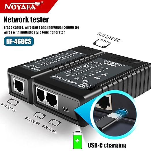 NOYAFA NF-468CS Network Cable Tester Telephone & Continuity Tester Ethernet Cable Mapper for RJ45/RJ11/RJ12/CAT5/CAT6/POE Test UTP/STP Network Test Tool (Black)