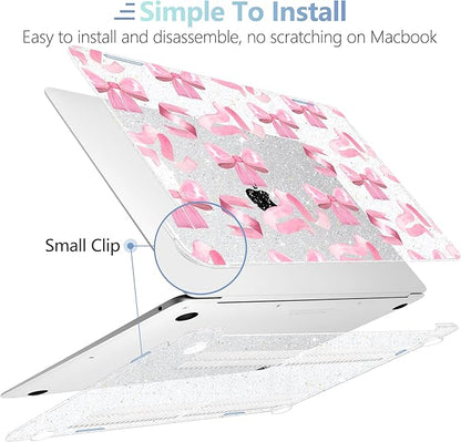 MEEgoodo for MacBook Air 13.3 inch Case 2021 2020 2019 2018 A2337 M1 A2179 A1932, Laptop Shell for MacBook Air M1 with Keyboard Webcam Cover & Trackpad Film & Type C Adapter,Pink Satin Bow