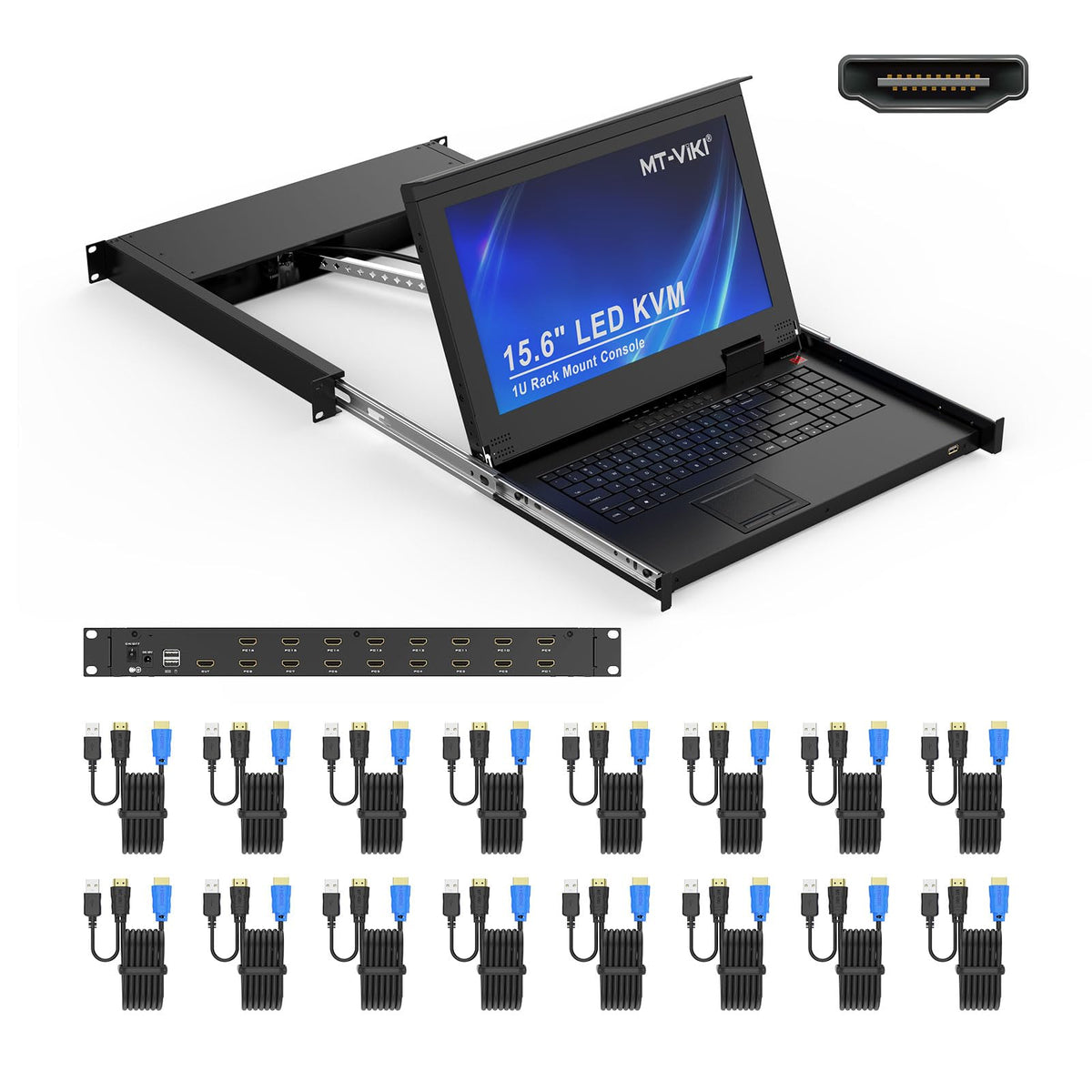 MT-VIKI® KVM Rack Mount HDMI with 17.3'' LCD Monitor, 1080P@60Hz Support OSD/Hotkey, Included 8 KVM Cables+Keyboard + Touchpad, Fit 1U 19'' Rack, Mount Depth 23.6-31.8"