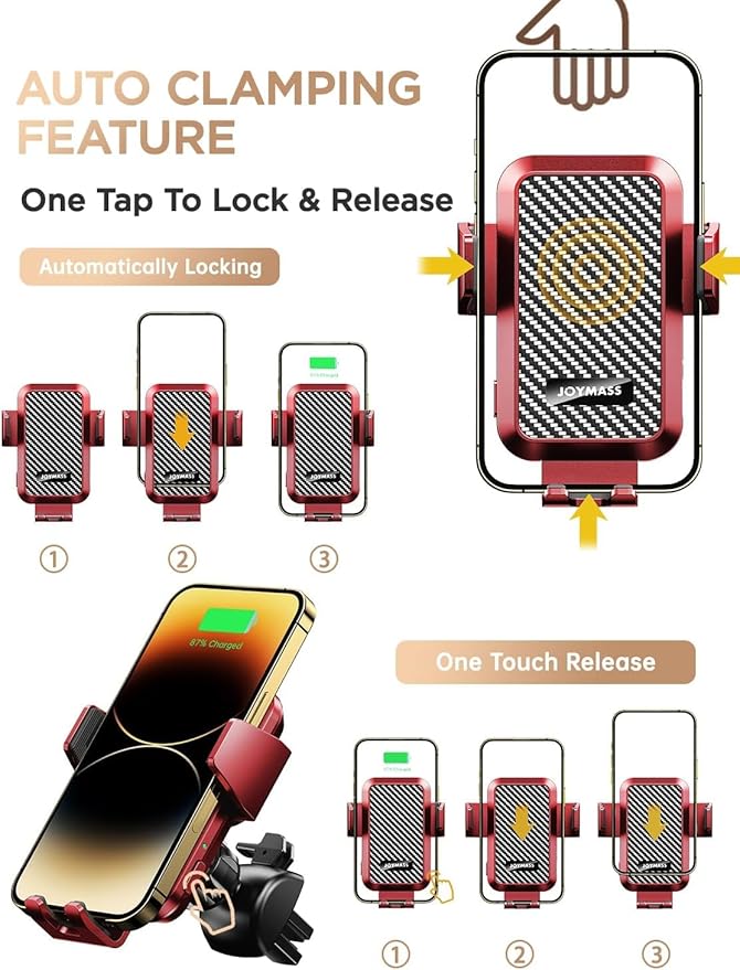 JOYMASS Wireless Car Charger, Phone Holders for Your Car, 15W Auto Clamping Phone Mount Car Accessories for iPhone 16 15 14 13 12 Mini Pro Max 11, Samsung Galaxy S24 Ultra S23 S22+ Note 20, etc - Red