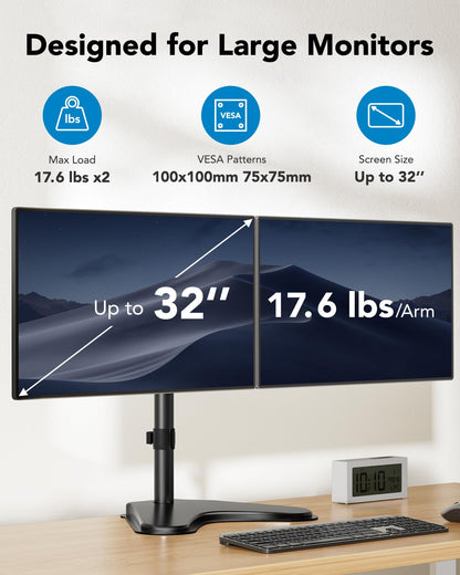 HUANUO 32 inches Dual Monitor Stand up to 17.6lbs per Arm, High-Grade Aluminum Free Standing Dual Monitors Mount for 2 Screens. Fully Adjustable Dual Monitor Stand for Desk with Tilt, Swivel, Rotation