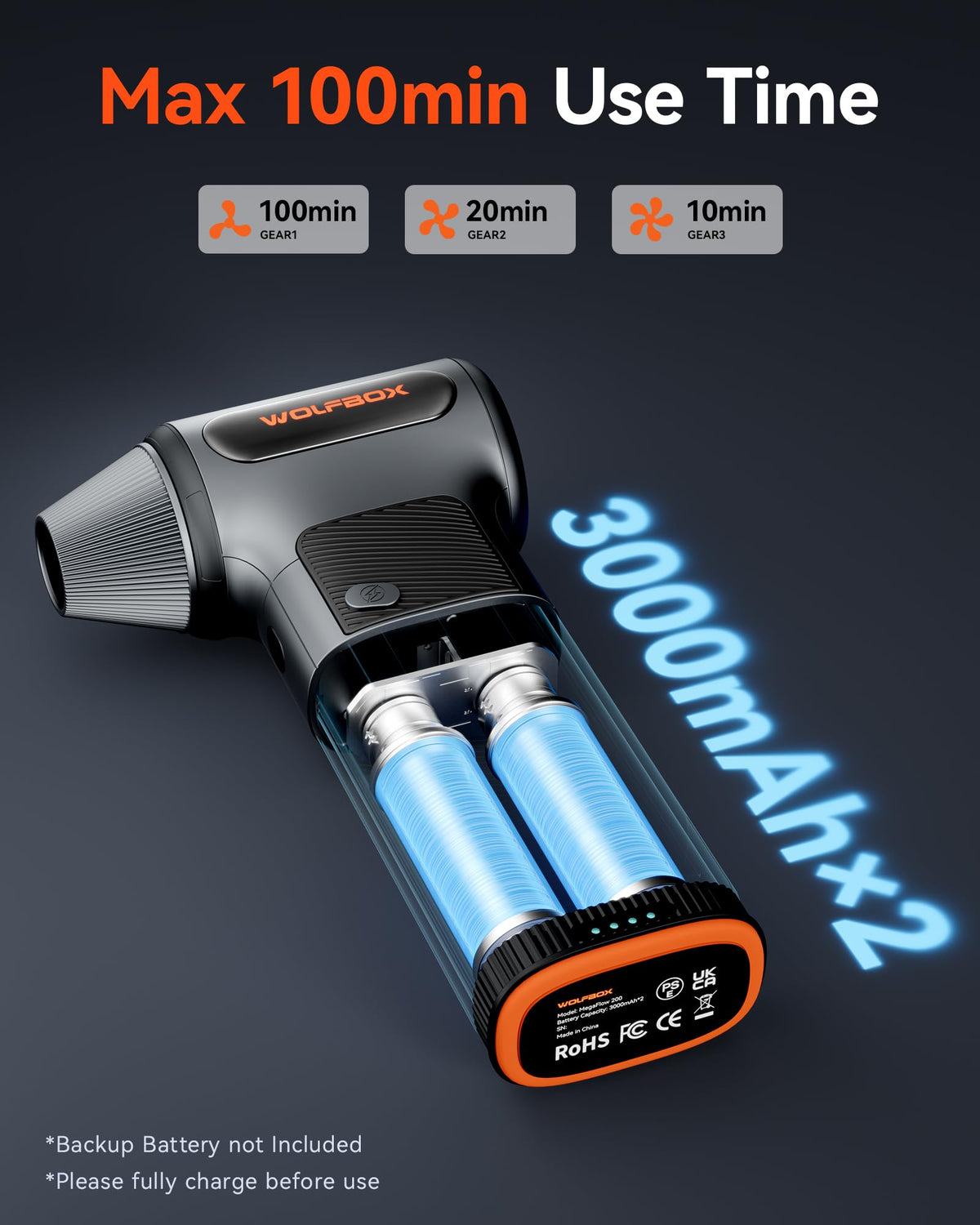 WOLFBOX MF200 Compressed Air Duster, Removable Battery, Car Cleaning, Home