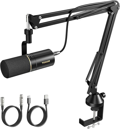 TONOR Dynamic Microphone, XLR/USB Microphone for Podcast, Recording, Streaming, Gaming, XLR Cardioid Studio Mic with Quick Mute, 3.5mm Headphone Jack, Volume Control, Mic with Boom Arm, White, TD510+