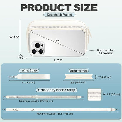 Clip and Go Strap for Phone with Wallet Crossbody, Adjustable Phone Lanyard with Detachable RFID Wristlet Wallet, Pattern Strap - Cream&Silver (L)