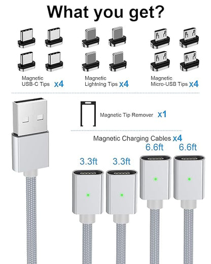 ZBF Magnetic Charging Cable 3A Fast Charging (4-Pack, 3.3/3.3/6.6/6.6 ft) 3 in 1 Magnetic Phone Charger, 480Mbps Data Transfer, USB A to Type C Charger Cable USB-C/Iproduct Micro USB Device - Silver