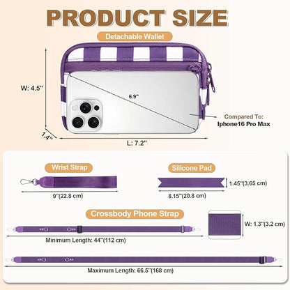 Clip and Go Strap for Phone with Wallet Crossbody, Adjustable Phone Lanyard with Detachable RFID Wristlet Wallet, Phone Strap with Phone Tabs for All Phones, Purple Checkered (L)