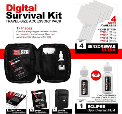 Photographic Solutions Digital Survival Kit - Type-1 (20mm) Sensor Swabs, PEC-PAD Photo Wipes, E-Wipe Packet, Aeroclipse Optic Cleaner Non-Flamable Solution - Camera Cleaning Kit with Travel Bag