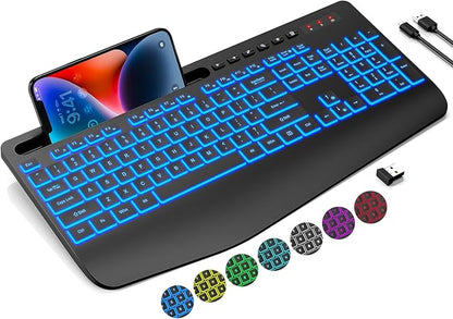 Trueque Wireless Keyboard with 7 Colored Backlits, Wrist Rest, Phone Holder, Rechargeable Ergonomic Keyboard with Silent Light Up Keys, Cordless Computer Keyboard for Windows, Mac, Laptop
