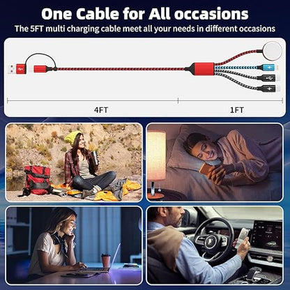 Travel Essentials 4in2 Multi Charging Cable for Apple Watch Charger,USB A/C to Dual Type C/IP/iWatch Charger,Travel Chargers for Multiple Devices Compatible with iWatch Series&iPhone 16-12 5FT