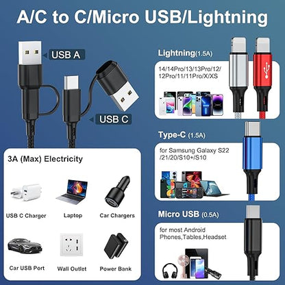 6 in 1 Multi Charging Cable 3Pack-6FT Multi USB Cable 3A Multi Charger Cable Braided Multiple Phone Charger Cable Universal USB A/C Charging Cord with 2*IP/Type C/Micro USB Port for Cell Phone/Tablets
