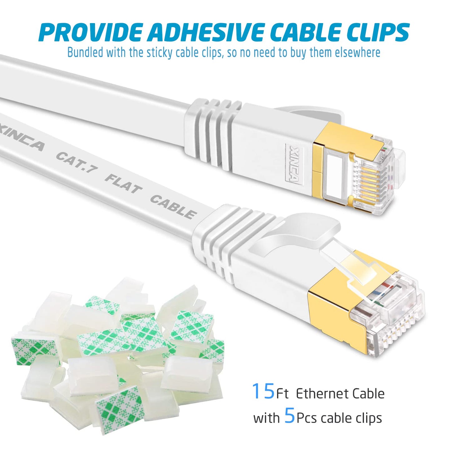XINCA Cat 7 Flat Ethernet Cable 15ft White, High Speed 10GB Shielded (STP) LAN Internet Network Cable Ethernet Patch Computer Cable with Rj45 Connectors and 5pcs Adhesive Cable Clips