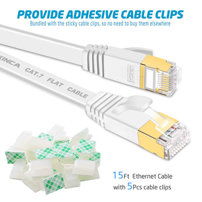 XINCA Cat 7 Flat Ethernet Cable 15ft White, High Speed 10GB Shielded (STP) LAN Internet Network Cable Ethernet Patch Computer Cable with Rj45 Connectors and 5pcs Adhesive Cable Clips