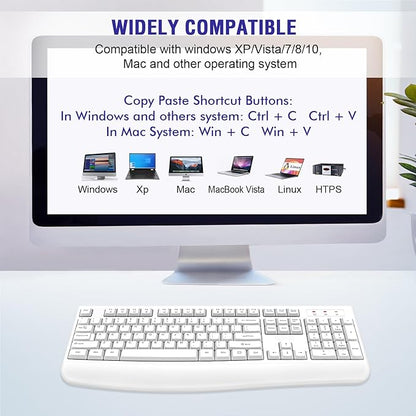 Wireless Keyboard, 2.4G Full-Sized Ergonomic Wireless Computer Keyboard with Wrist Rest for Windows, Mac OS Laptop/PC/Desktop/Notebook (White)