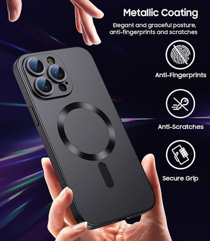 Magnetic for iPhone 15 Pro Max Case [Compatible with MagSafe][Built-in Camera Lens Protector] Slim Soft Silicone Bumper Shockproof Metallic Luster Phone Case (Black)