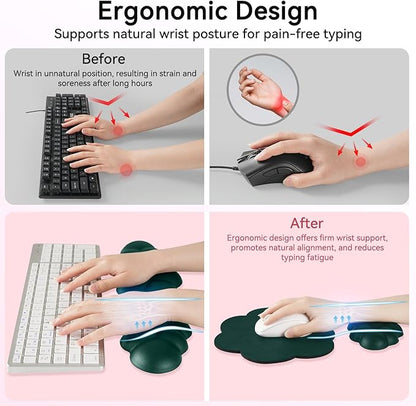 Cloud Wrist Rest for Computer Keyboard, 4-in-1 Memory Foam Leather Cloud Keyboard Wrist Rest and Mouse Pad Set with Ergonomic Support for Arm and Palm Cushion, Gaming/Work Setup, Dark Green