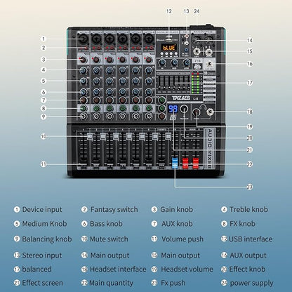 Audio Mixer, TKLBLS Professional 8 Channel DJ Mixer Board with 99-Bit DSP, Sound Board Mixing Console 7-Band EQ Output, USB Audio Interface, Bluetooth 48V Phantom Power For Karaoke Studio Streaming