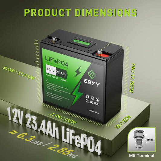 ERYY 12V 23.4Ah(30Ah) LiFePO4 Lithium Deep Cycle Battery With 30A BMS & Voltage Indicator, 12 Volt Battery Lithium Iron Phosphate for Fish Finder, Ham Radio, Solar, Scooters, Power Wheels, RV, Camp