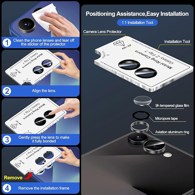for Samsung Galaxy Z Flip 7 Camera Lens Protector, Individual Metal Ring Tempered Glass Lens Cover, [Strong Adsorption] Scratch Resistant Ultra-Thin HD Clear Lens Cover, 1 Set-Black Ring