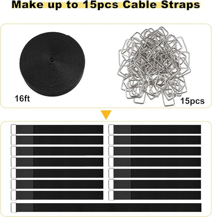 1.5"x16ft Hook and Loop Straps with 15 Metal Buckles, Adjustable Fastening Cable Straps, Cut-to-Length Cinch Strap, Reusable Nylon Securing Cord Ties for Organizer or Storage, Black