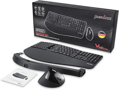 Perixx Periduo-605, Wireless Ergonomic Split Keyboard and Vertical Mouse Combo, Adjustable Palm Rest and Membrane Low Profile Keys, Black, US English Layout (11633)