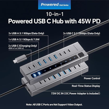 Powered USB C Hub, PULWTOP 11-in-1 Power Hub with SD/TF, 2*USB-C 10Gbps, 4*USB-A 5/10Gbps and 2 * 24/45W Type-C PD Charging Ports (Not Support Video), USB Powered Hub 72W DC Adapter Included